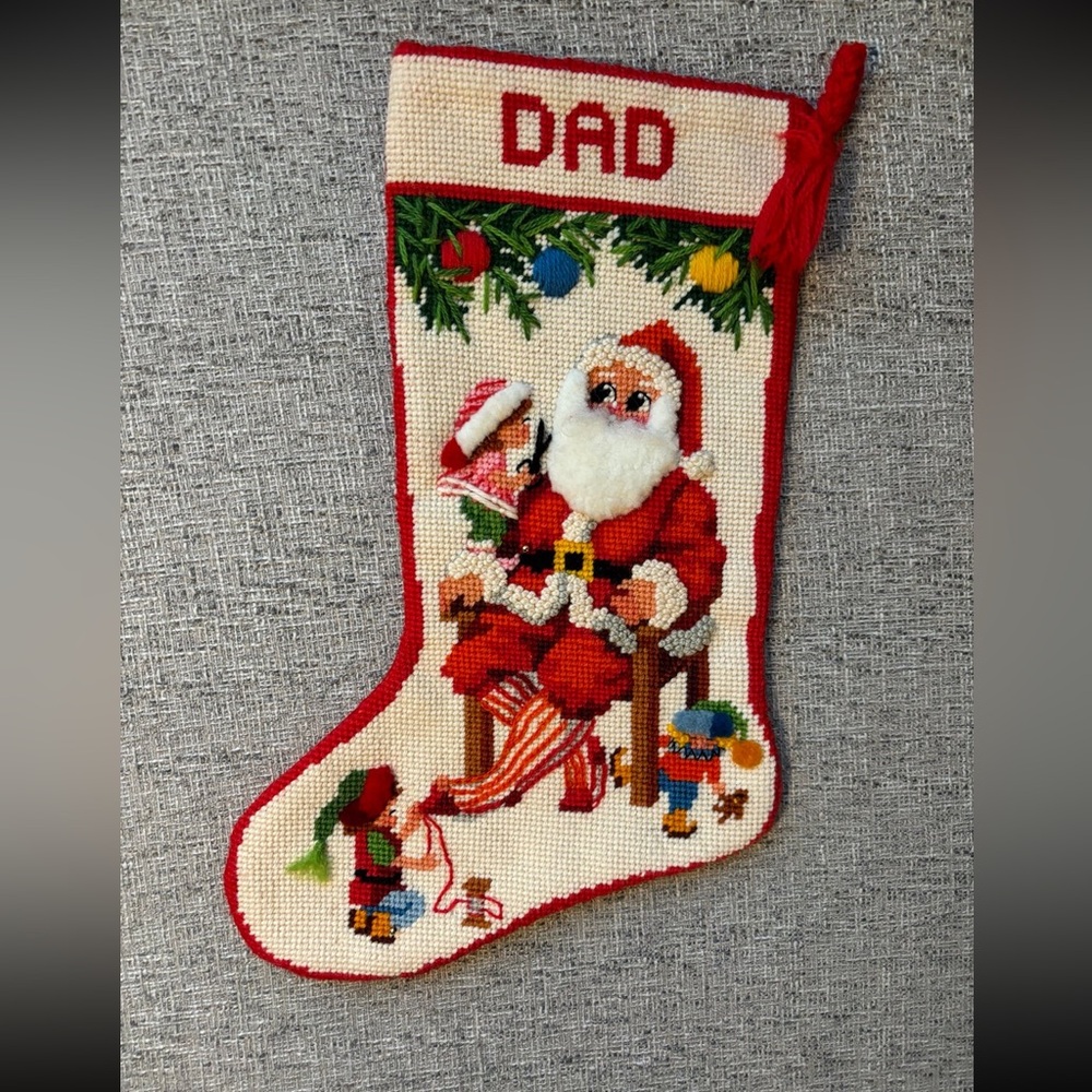 Retro MCM Handmade Embroidered DAD Santa Christmas Stocking 17”